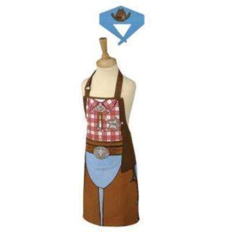 Typhoon Cowboy Apron & Bandana set is 100% cotton and machine washable at 40oC. The set includes an apron and bandana with easy release and adjustable neck tape. Apron L 60 x W 45cm Bandana L 80 x H 17cm